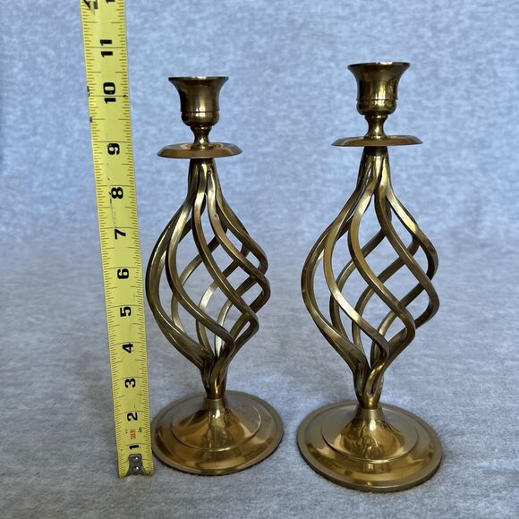 Vintage Brass Heavy 11" Pair Spiral Twist Cyclone Style Victorian Candle Holder - Picture 5 of 12